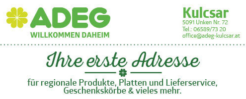 ADEG-Logo mit Slogan „Willkommen daheim“ und Hinweis auf regionale Produkte und Lieferservice