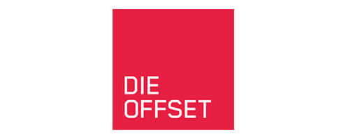 Rotes Quadrat mit weißer Wortmarke „DIE OFFSET“