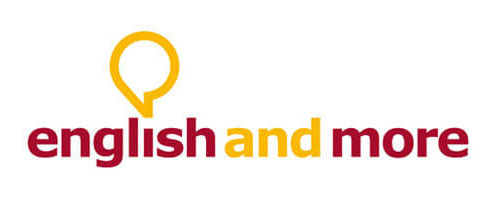 Logo von english and more in Rot und Gelb mit Sprechblasen-Symbol