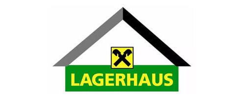 Lagerhaus-Logo mit stilisiertem Hausdach und Schriftzug