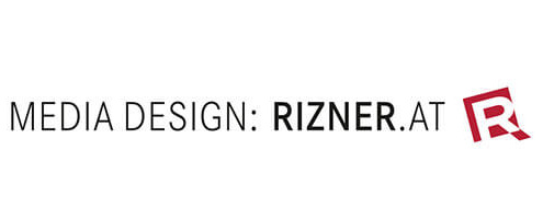 Schriftzug „Media Design: Rizner.at“ mit rotem Logo auf weißem Hintergrund