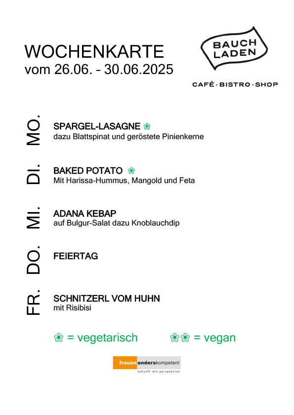 Speiseplan mit vegetarischen, veganen Gerichten für Inklusion und Teilhabe in Salzburg