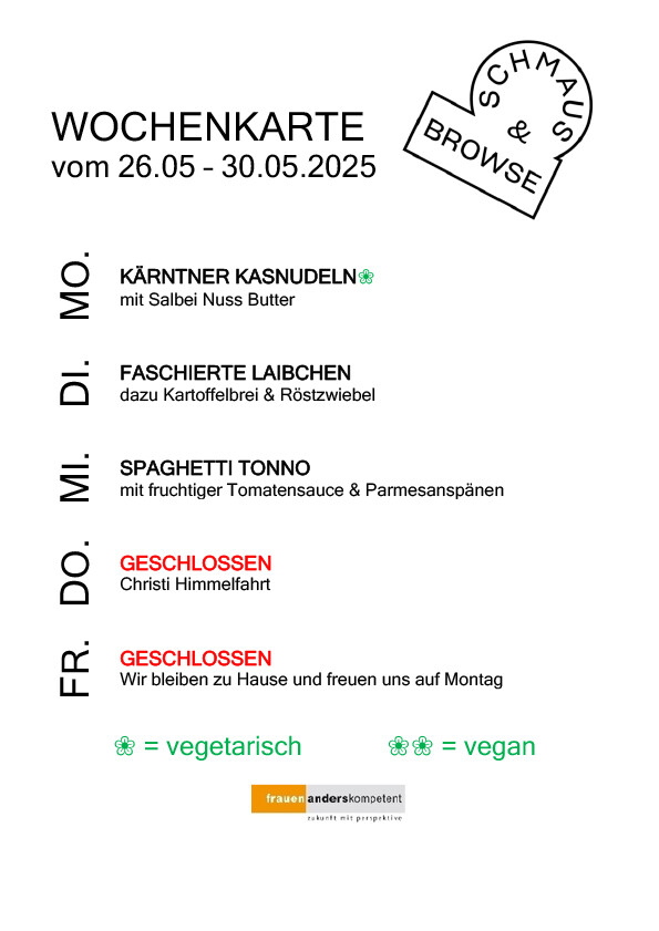Wochenkarte von Schmaus & Browse mit vegetarischen und veganen Gerichten