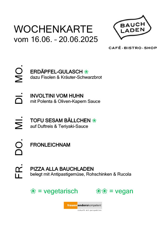 Wochenkarte mit vegetarischen und veganen Gerichten von Montag bis Freitag