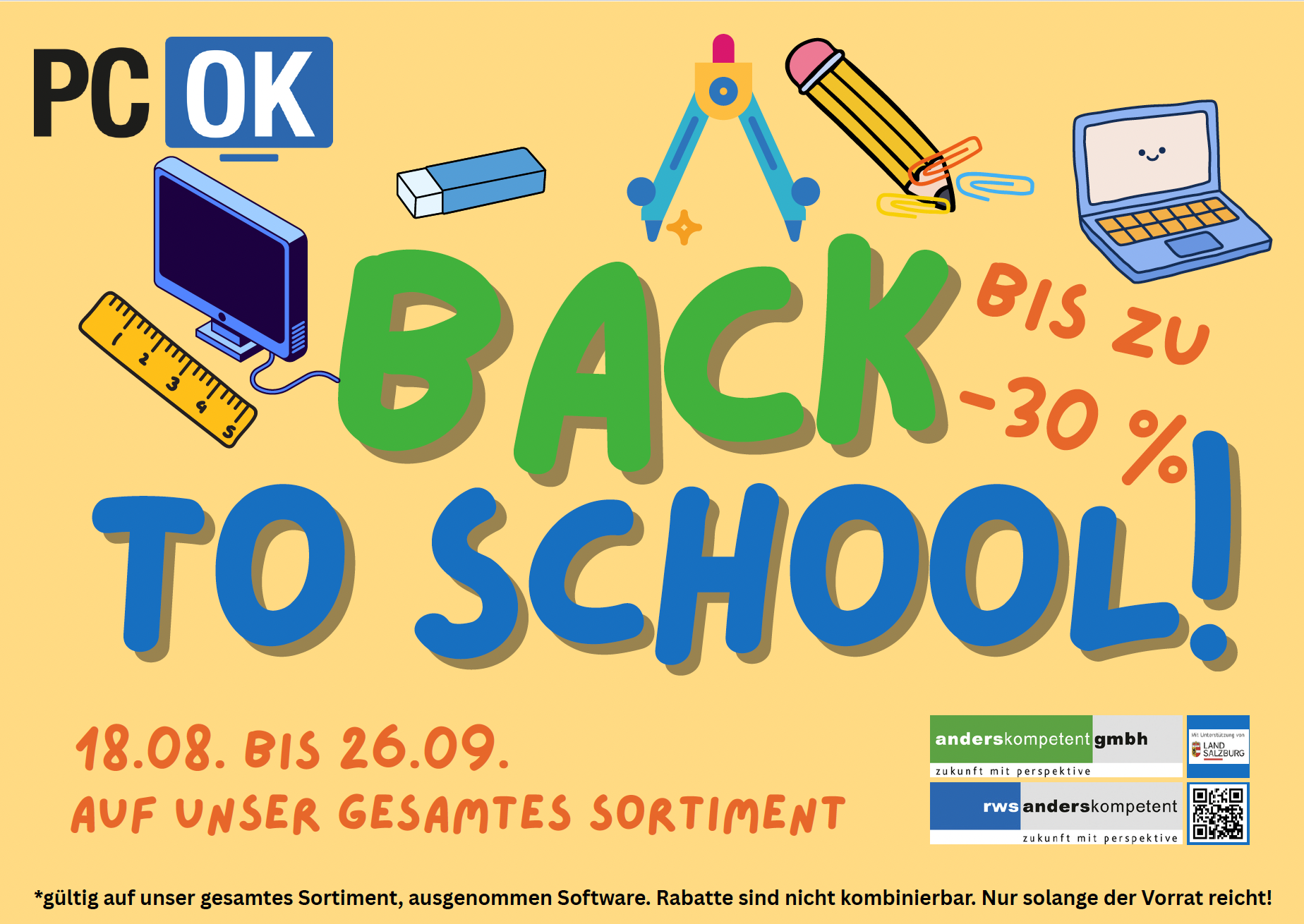 Werbegrafik Back to School mit PC-OK Rabattaktion