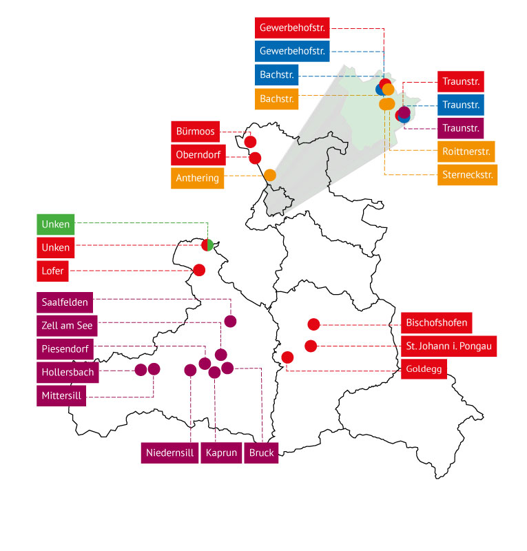 Landkarte mit Standorten der anderskompetent gmbh in Salzburg