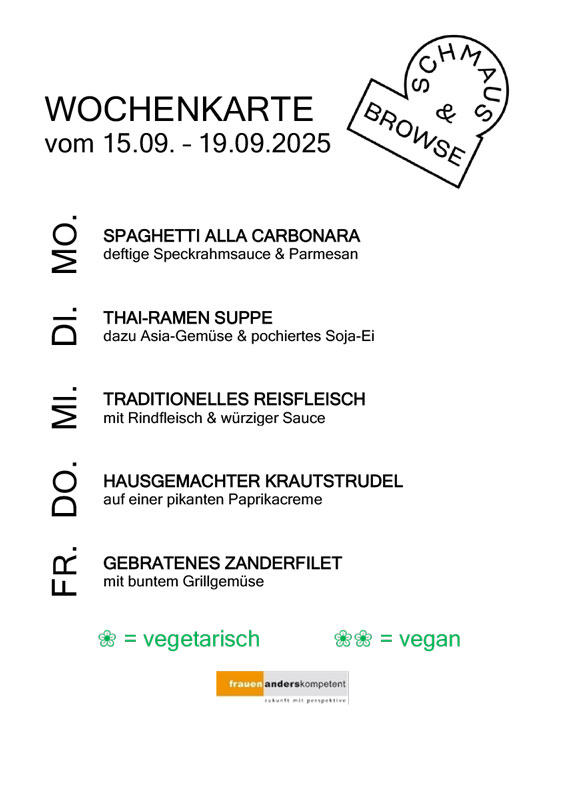 Wochenkarte Schmaus und Browse mit Mittagsmenüs KW 38 2025