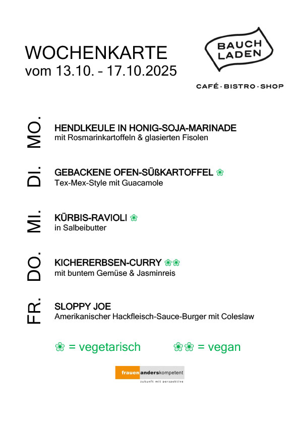 Wochenkarte des Bauchladen Salzburg vom 13. bis 17. Oktober 2025