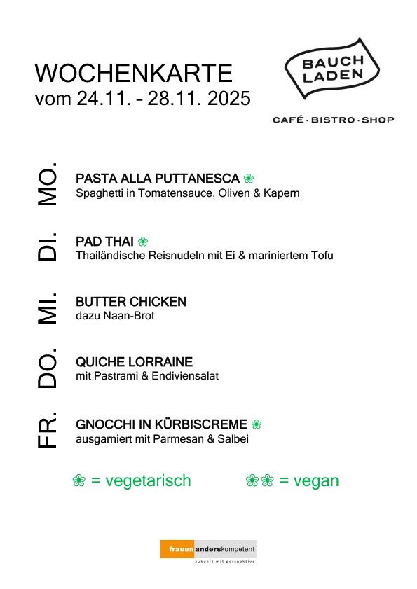 Wochenkarte des Bauchladens mit fünf Mittagsgerichten vom 24. bis 28. November 2025