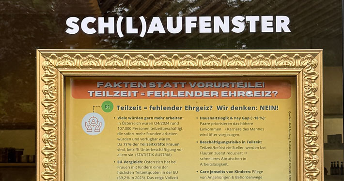 Gerahmtes Informationsplakat zum Thema Teilzeitarbeit hinter einer Glasscheibe mit Schriftzug Schlaufenster