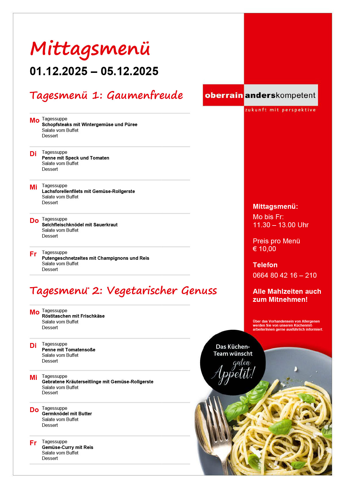 Speiseplan der Woche mit zwei Mittagsmenüs und kleiner Telleraufnahme eines Nudelgerichts