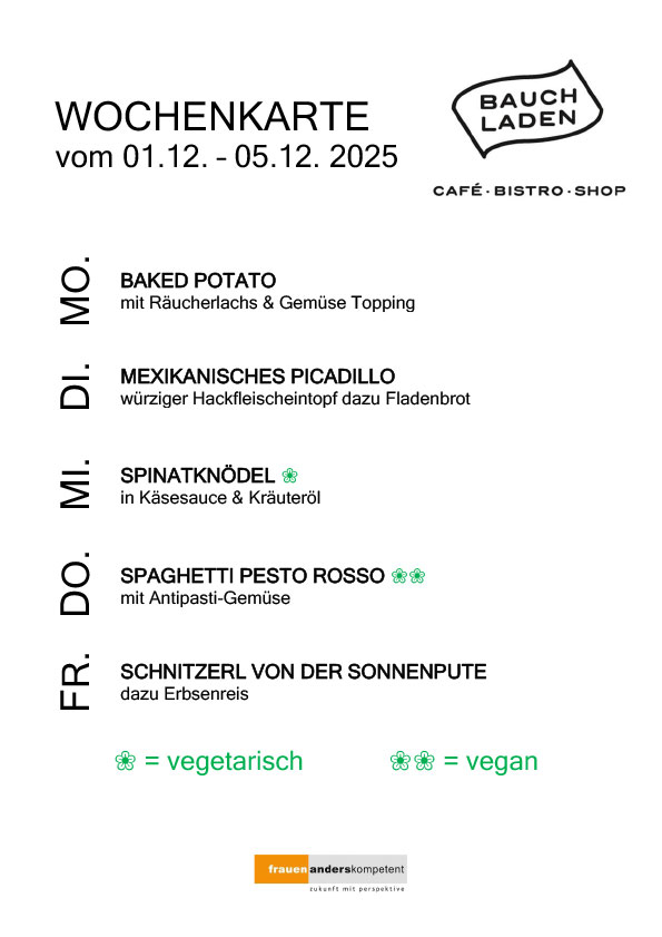 Übersicht der Mittagsmenü-Wochenkarte im Bauchladen, Salzburg, Kalenderwoche 49, 2025
