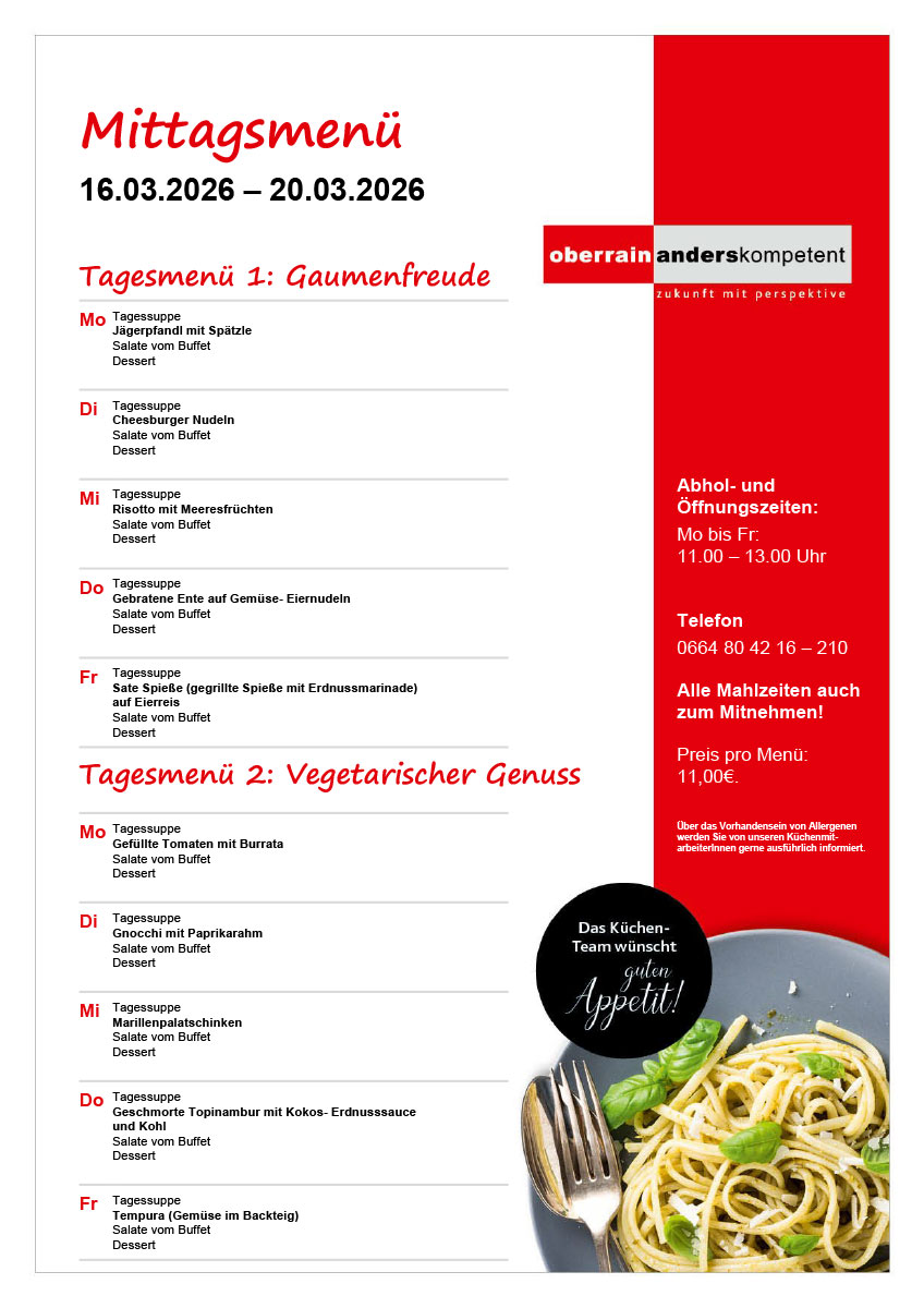 Speiseplan des Bistro Oberrain mit Mittagsmenü für die Woche 16.03.2026 bis 20.03.2026
